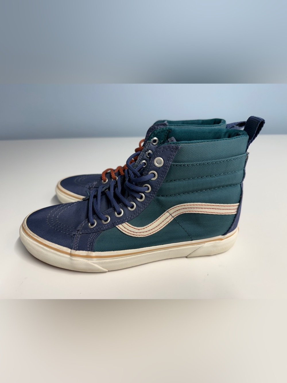 Vans Men’s High-Top Canvas Sneakers in Navy, Teal and Rust Lace Accent - Picture 3 of 6